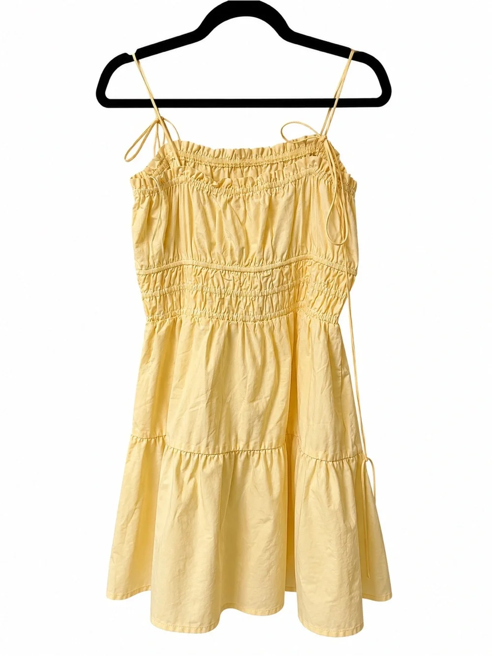 Mini Yellow Dress Ruched Tie Strap Smocked Sundress
